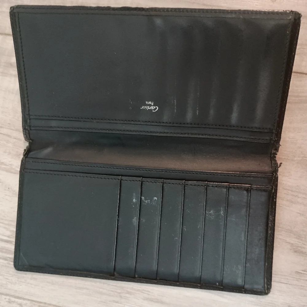 CARTIER 2C Logo Bifold Wallet Purse Leather Black Silver Made in France